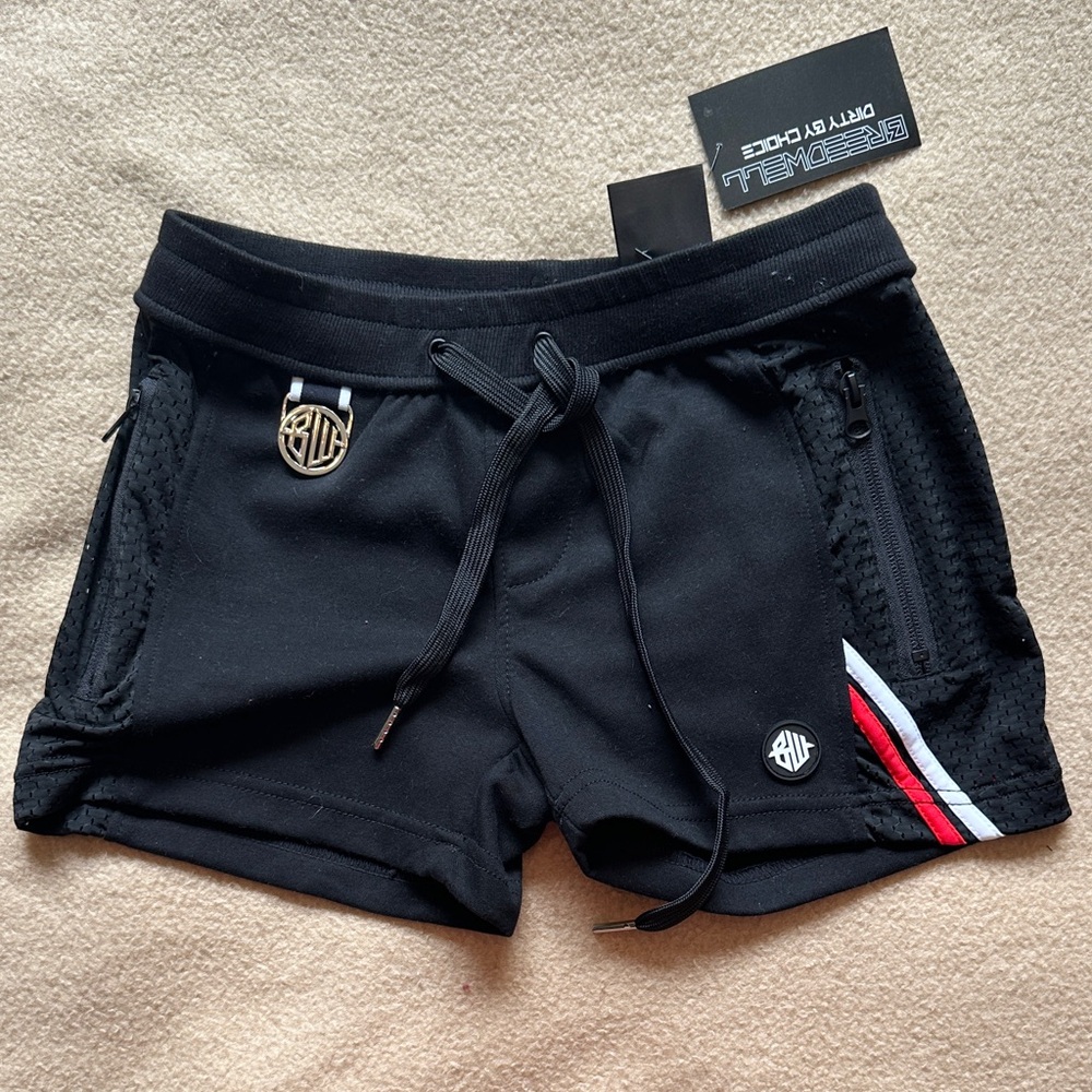 Black Athletic Men’s Drawstring Shorts with Red & White Stripe Accent